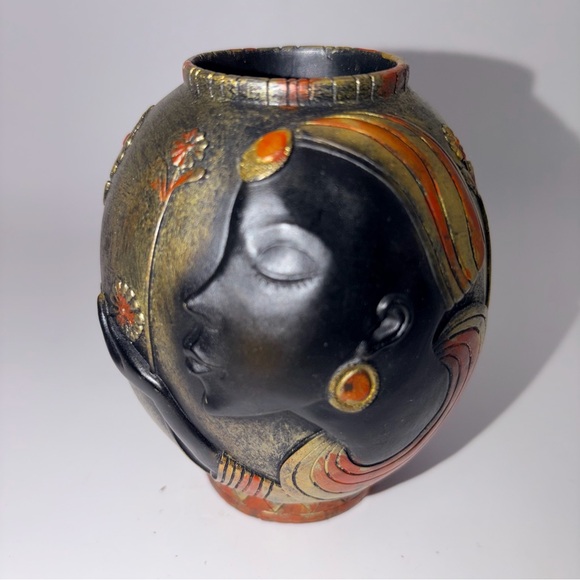 Art Pottery Face Vase | Art Nouveau Style | Gold Orange Floral Sculptural Decor - Picture 2 of 11